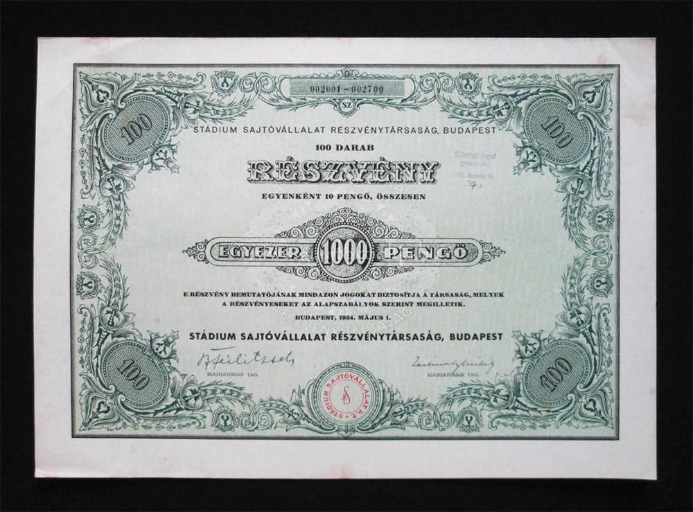Stádium Sajtóvállalat részvény 100x10 pengő 1934